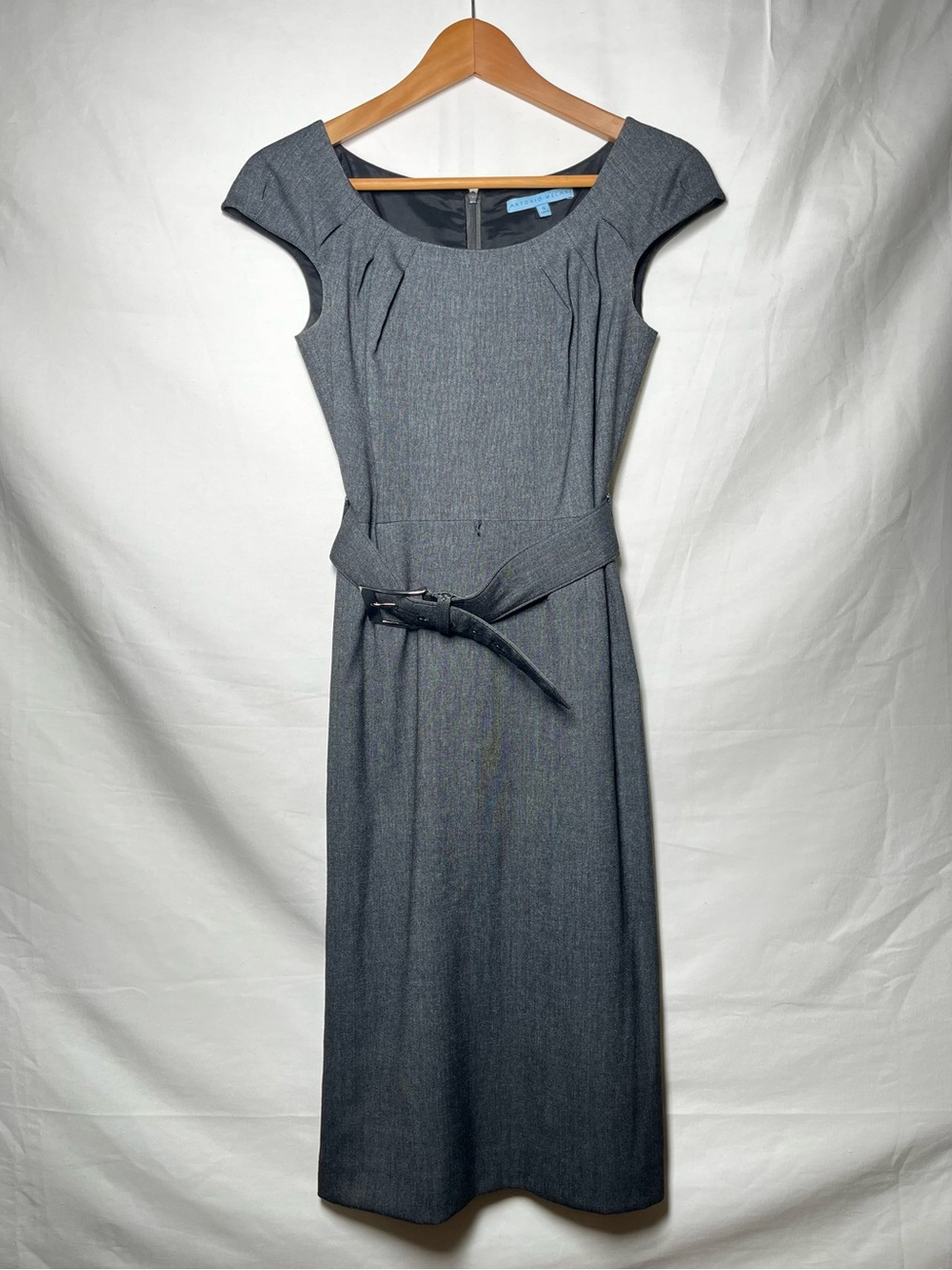 ANTONIO MELANI Gray Cap-Sleeve Midi Sheath Dress with Belt